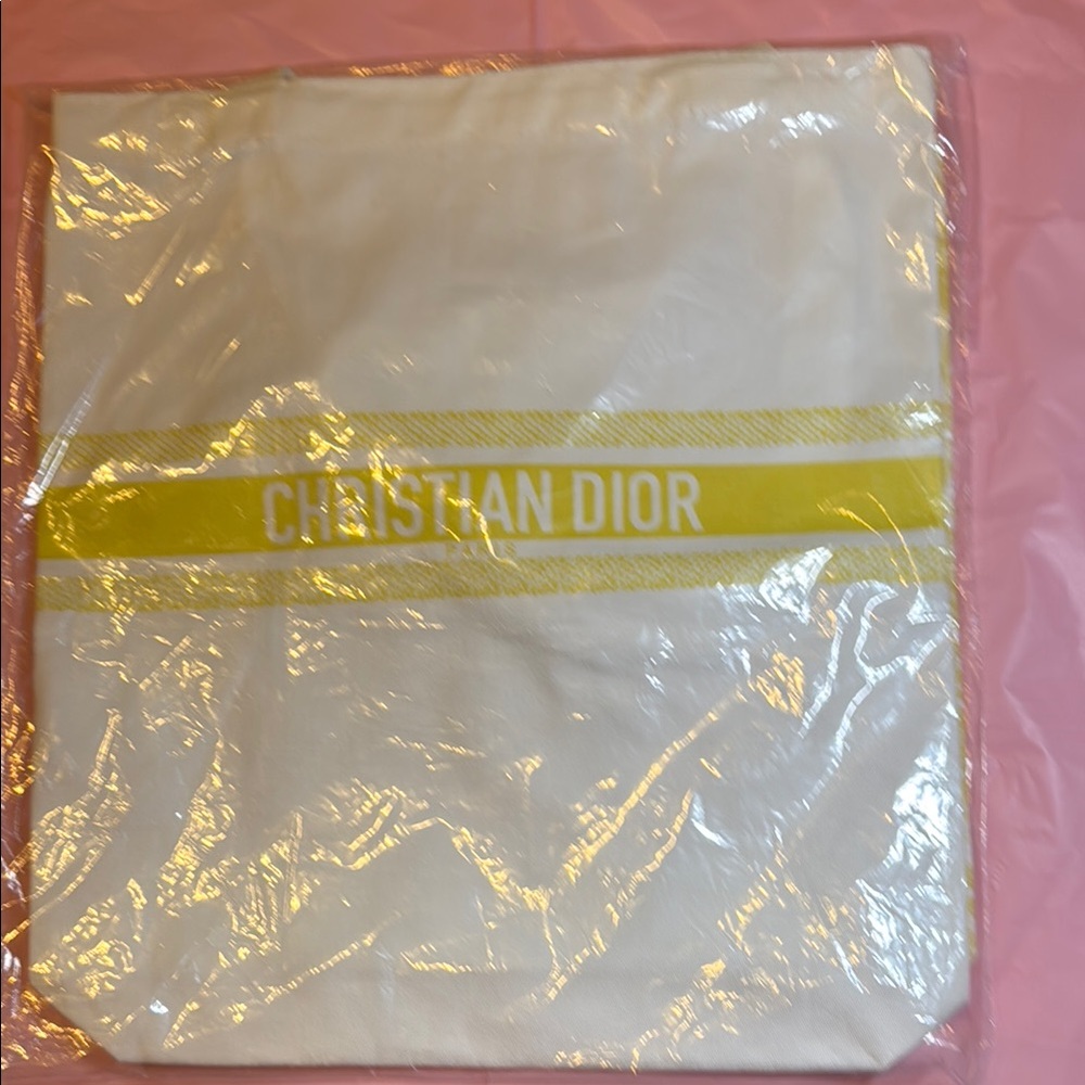 Christian Dior White and Yellow Cotton Tote Bag